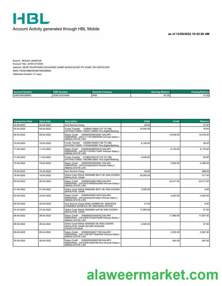 Pakistan HBL bank statement